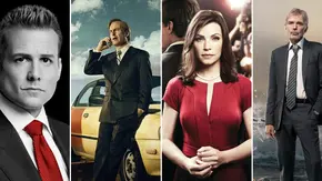Collage aus den offiziellen Serienpostern (von links nach rechts) von Suits, Better Call Saul, The Good Wife und Goliath. - Foto: © Suits (USA Network) / © Better Call Saul (AMC/Sony Pictures) / © The Good Wife (CBS) / © Goliath (Prime Video) / Collage: TV Movie