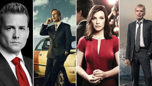 Collage aus den offiziellen Serienpostern (von links nach rechts) von Suits, Better Call Saul, The Good Wife und Goliath. - Foto: © Suits (USA Network) / © Better Call Saul (AMC/Sony Pictures) / © The Good Wife (CBS) / © Goliath (Prime Video) / Collage: TV Movie Collage aus den offiziellen Serienpostern (von links nach rechts) von Suits, Better Call Saul, The Good Wife und Goliath. - Foto: © Suits (USA Network) / © Better Call Saul (AMC/Sony Pictures) / © The Good Wife (CBS) / © Goliath (Prime Video) / Collage: TV Movie