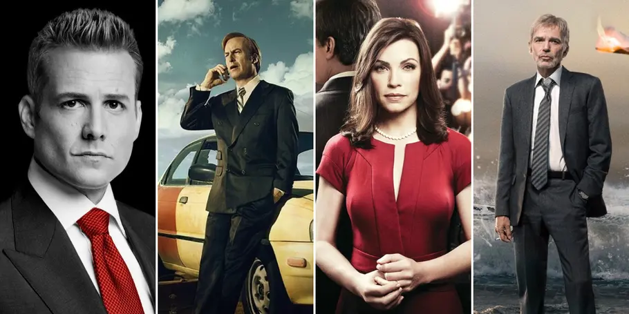 Beste Anwaltsserien Collage aus den offiziellen Serienpostern (von links nach rechts) von Suits, Better Call Saul, The Good Wife und Goliath.