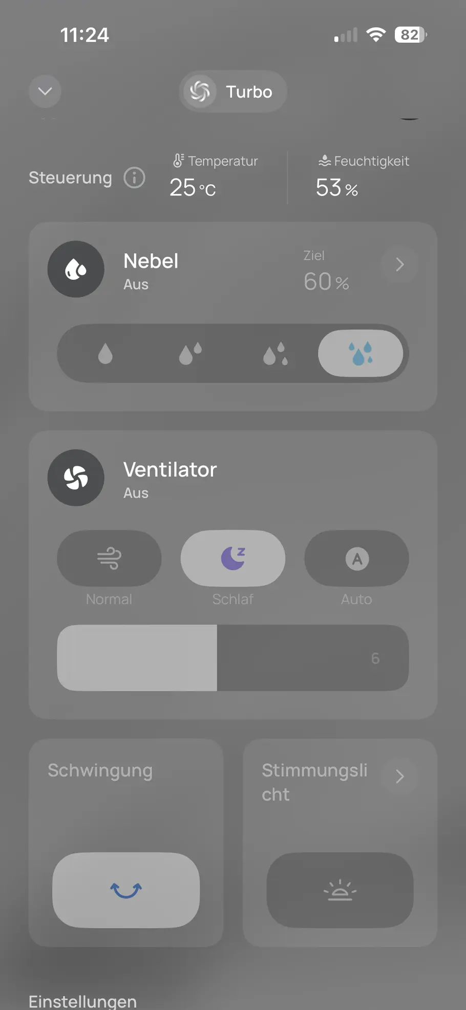 App Screenshot einer Smartphone-App zur Steuerung eines Ventilators mit Nebelfunktion.