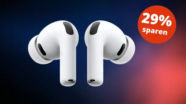 Die Apple Airpods Pro 3 auf einem dunklen Hintergrund mit Angebotssticker - Foto: Apple Die Apple Airpods Pro 3 auf einem dunklen Hintergrund mit Angebotssticker - Foto: Apple