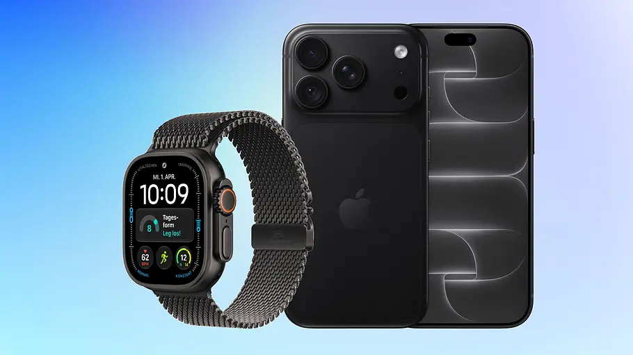 Apple iPhone 18 Pro mit Watch Ultra 4 Eine dunkle Apple Watch Ultra 4 mit Metallarmband steht vor der Vorder- und Rückansicht eines schwarzen iPhone 18 Pro auf blauem Hintergrund.