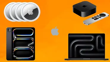 Apple AirTags, iPad Pro, MacBook Pro und Apple TV 4K mit Apple Logo auf oragenenem Hintergrund - Foto: TVM/PR