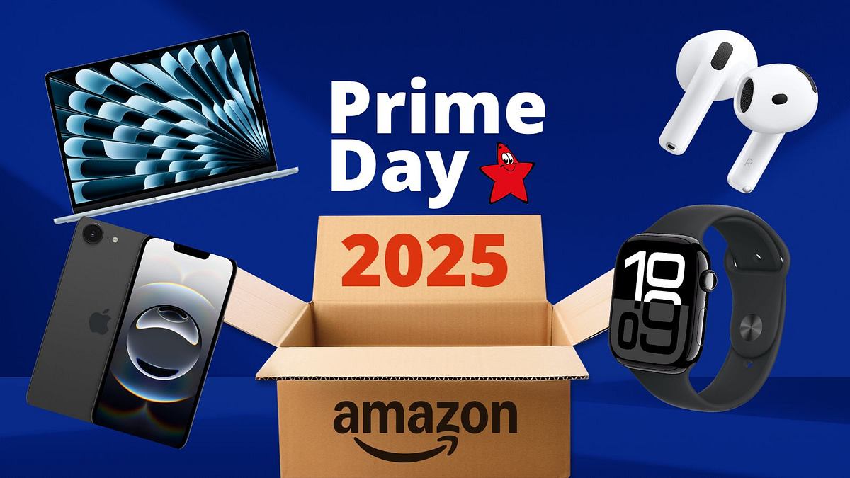 Apple Prime Day Eine Karton von Amazon mit der Aufschrift Prime Day 2025. Aus ihm heraus schweben ein iPhone, MacBook, AirPods und eine Apple Watch.