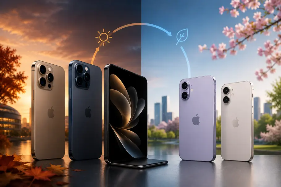 Apples neuer Veröffentlichungs-Rhythmus Mehrere iPhones stehen nebeneinander, links vor herbstlicher Kulisse mit warmem Licht und rechts vor frühlingshafter Landschaft mit blühenden Bäumen.
