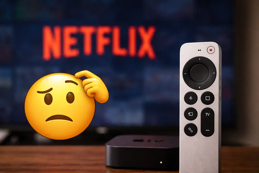 appletv-netflix-update-tvmovie Verwirrtes Emoji neben Apple TV-Fernbedienung und Netflix Logo auf Fernseher im Hintergrund