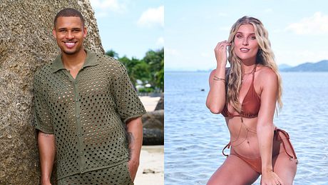 Collage: Kevin Njie und Sandra Janina posieren am Strand für AYTO - Foto: Collage: RTL / Frank Beer