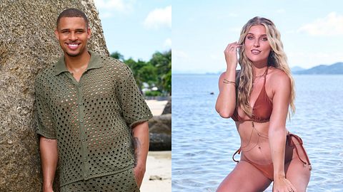 Collage: Kevin Njie und Sandra Janina posieren am Strand für AYTO - Foto: Collage: RTL / Frank Beer