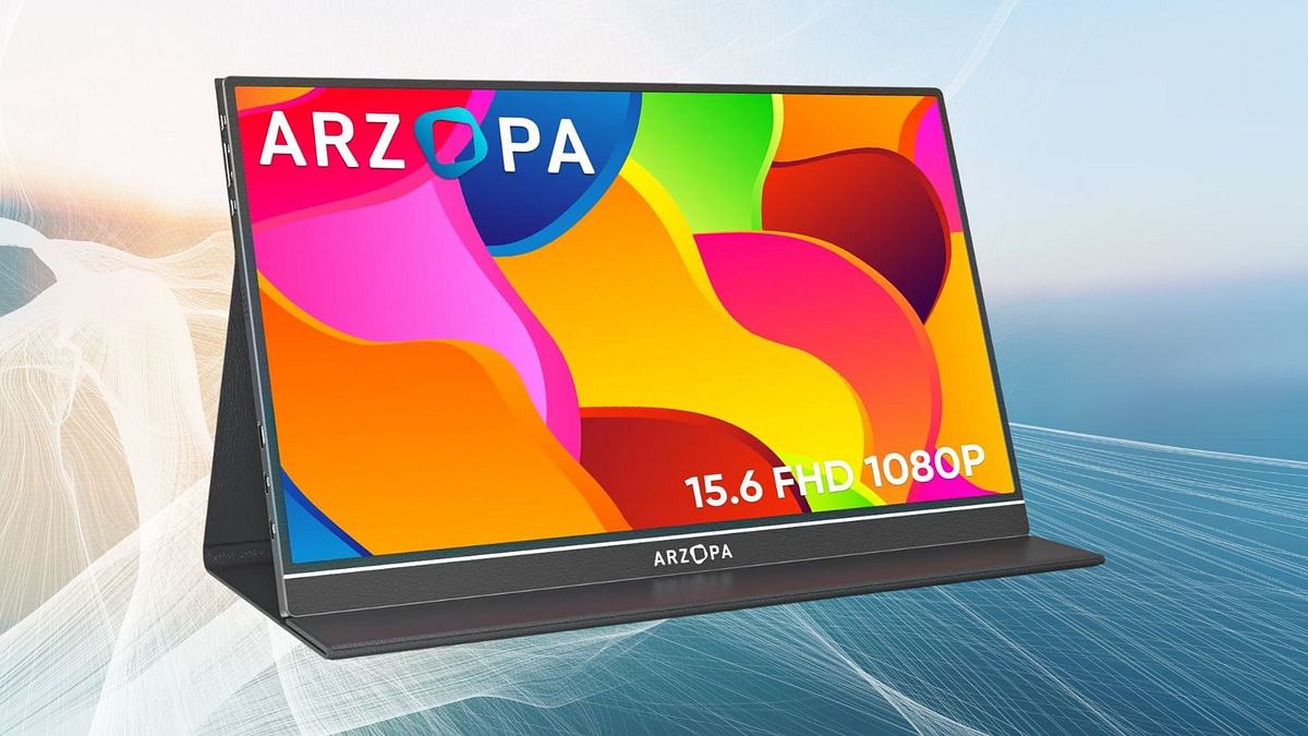 Arzopa Monitor Ein portabler Bildschirm mit einem sehr bunten Hintergrund