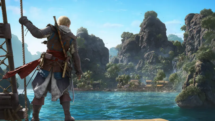 Assassin's Creed: Black Flag – Resynced Edward Kenway steht auf seinem Schiff und blickt auf eine karibischen Insel.