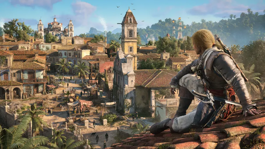 Assassin's Creed Black Flag Resynced Edward Kenway sitzt auf einem Dach und blickt über das sonnige Havanna.
