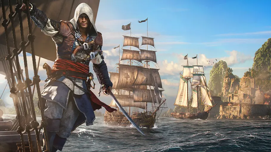 Assassin's Creed Black Flag Resynced Edward Kenway hängt an seinem Schiff, der Jackdaw. Hinter ihm sind zwei weitere Schiffe.