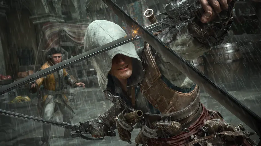 Assassin's Creed Black Flag Resynced Kampf Edward kämpft im Regen von Assassin's Creed Black Flag Resynced mit dem Regen und Feinden
