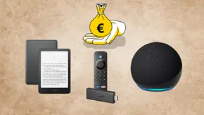Amazon Kindle, Fire TV Stick und Echo Dot vor einem braunen Hintergrund und unter einer Hand-Grafik mit Euro-Geldbeutel - Foto: TV Movie / Canva Amazon Kindle, Fire TV Stick und Echo Dot vor einem braunen Hintergrund und unter einer Hand-Grafik mit Euro-Geldbeutel - Foto: TV Movie / Canva