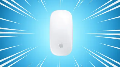 Apple Magic Mouse vor einem blau-weißen Hintergrundbild - Foto: TV Movie / Canva