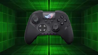 ASUS ROG Raikiri II Pro PC Controller vor dunkelgrünem Hintergrund - Foto: TV Movie / Canva ASUS ROG Raikiri II Pro PC Controller vor dunkelgrünem Hintergrund - Foto: TV Movie / Canva