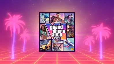 GTA 6 Cover vor einem Retro-Hintergrundbild mit neonfarbenen Palmen, Sternen und einer Straße - Foto: Rockstar Games / TV Movie / Canva