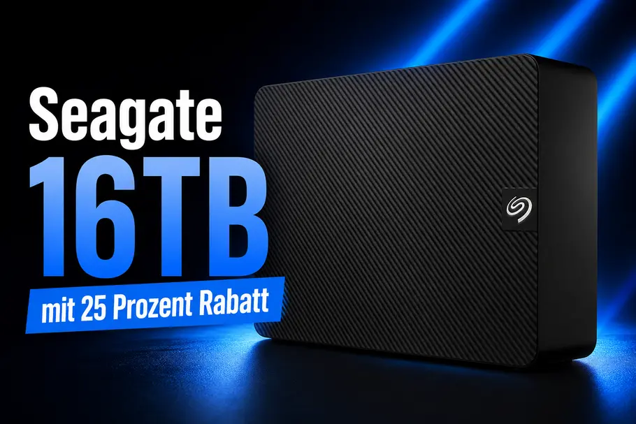 Aufmacherbild Seagate Festplatte 16TB Seagate Festplatte 16TB vor einem schwarz-blauen Hintergrund mit Rabatt-Deal