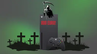 Xbox Series X im Mittelpunkt, darüber der Sensenmann und um die Konsole Gräber vor einem dunkelgrünen Hintergrund - Foto: TV Movie / Canva Xbox Series X im Mittelpunkt, darüber der Sensenmann und um die Konsole Gräber vor einem dunkelgrünen Hintergrund - Foto: TV Movie / Canva
