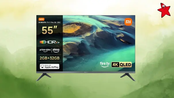 Xiaomi TV F Pro vor einem grünen Hintergrund mit TV Movie Stern - Foto: TV Movie / Canva Xiaomi TV F Pro vor einem grünen Hintergrund mit TV Movie Stern - Foto: TV Movie / Canva