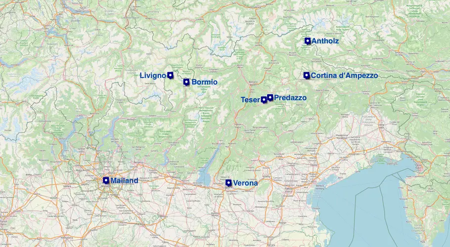 Austragungsorte der Olympischen Winterspiele 2026 Hier sind in einer Karte Italien die Autragungsorte festgehalten.