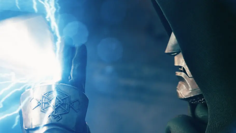 Avengers: Doomsday Doctor Doom hält einen Blitz von Thor auf.