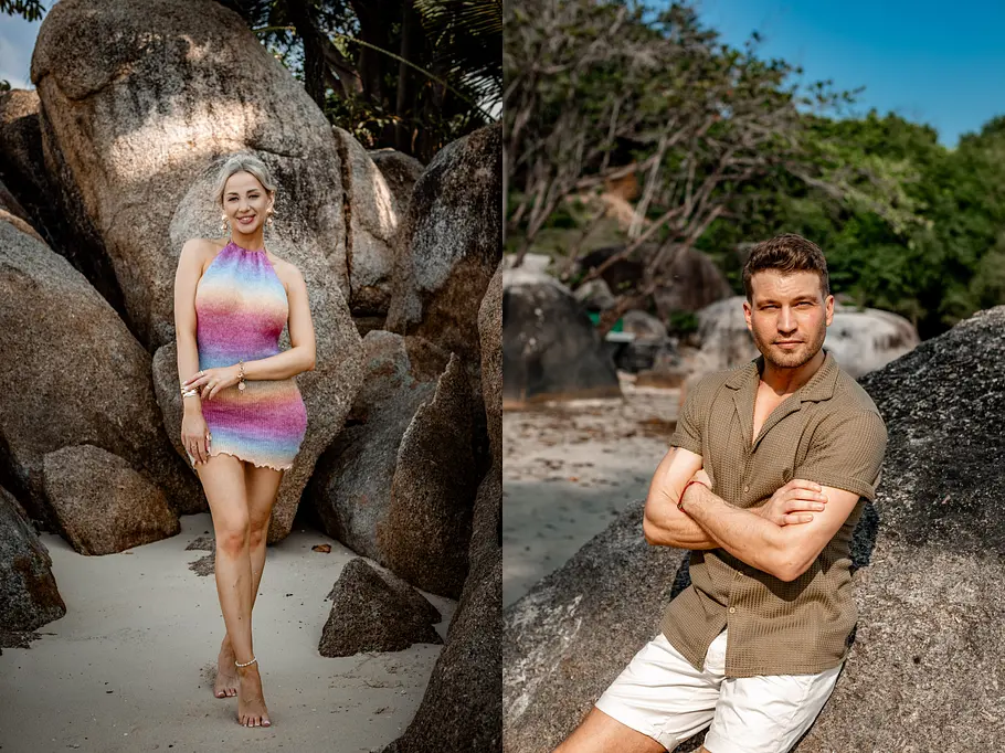 Raúl und Alexandra Alexandra im bunten Minikleid und Raúl in Hemd und weißen Shorts posieren auf zwei Fotos zwischen Felsen am Strand.