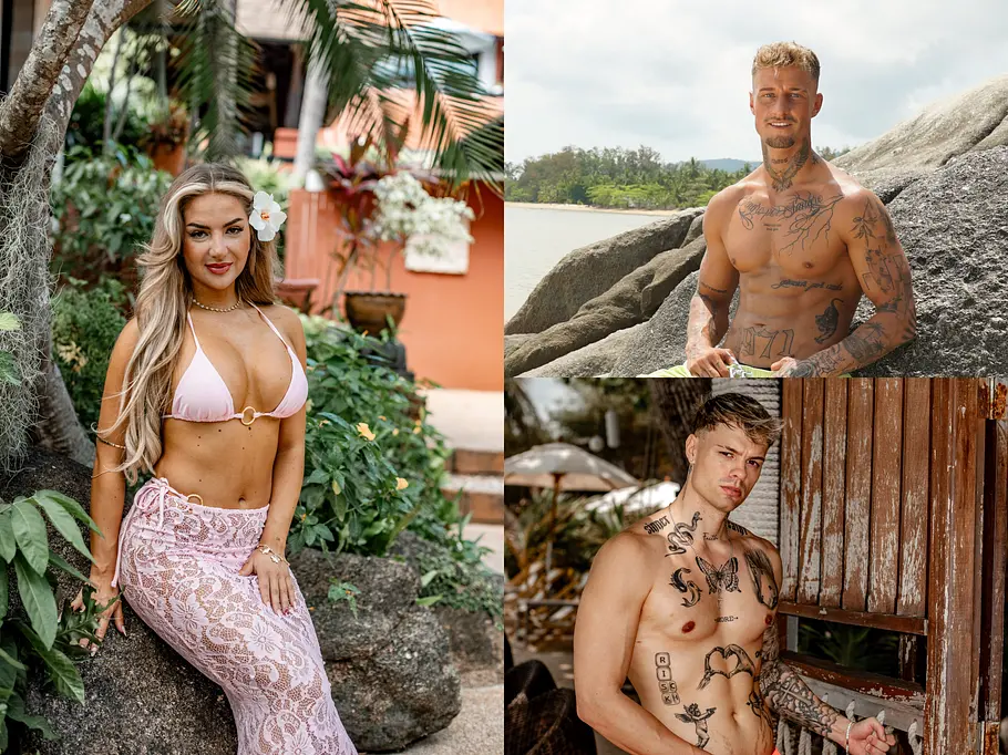 Emma, Laurenz und Fabi Eine Collage zeigt Emma im rosa Bikini und Spitzenrock sowie Laurenz und Fabi mit tätowierten, nackten Oberkörpern im Freien.