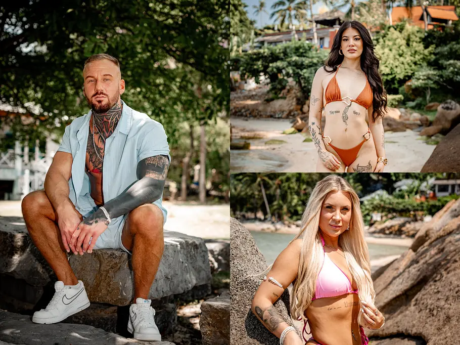 Johannes, Janice und Marta Eine Collage zeigt Johannes in Hellblau und Janice und Marta in orangefarbenem und pinkem Bikini am Strand.