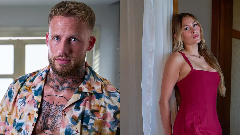 Zwei Kandidaten von „Are You The One?“ Staffel 7 im Porträt: ein tätowierter Mann mit offenem, gemustertem Hemd und eine Frau im roten Kleid an einer Tür stehend.