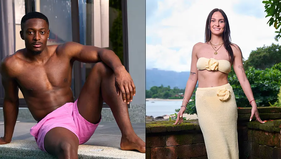 Zwei Kandidaten von „Are You The One?“ Staffel 7 im Porträt: ein Mann in rosa Badeshorts am Poolrand und eine Frau im gelben Zweiteiler mit Meerblick im Hintergrund.