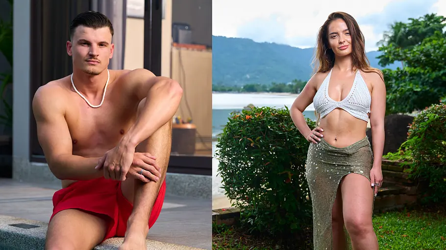 Zwei Kandidaten von „Are You The One?“ Staffel 7 im Porträt: ein Mann in roten Badeshorts am Poolrand und eine Frau im weißen Top und grünem Rock mit Schlitz vor tropischer Landschaft.