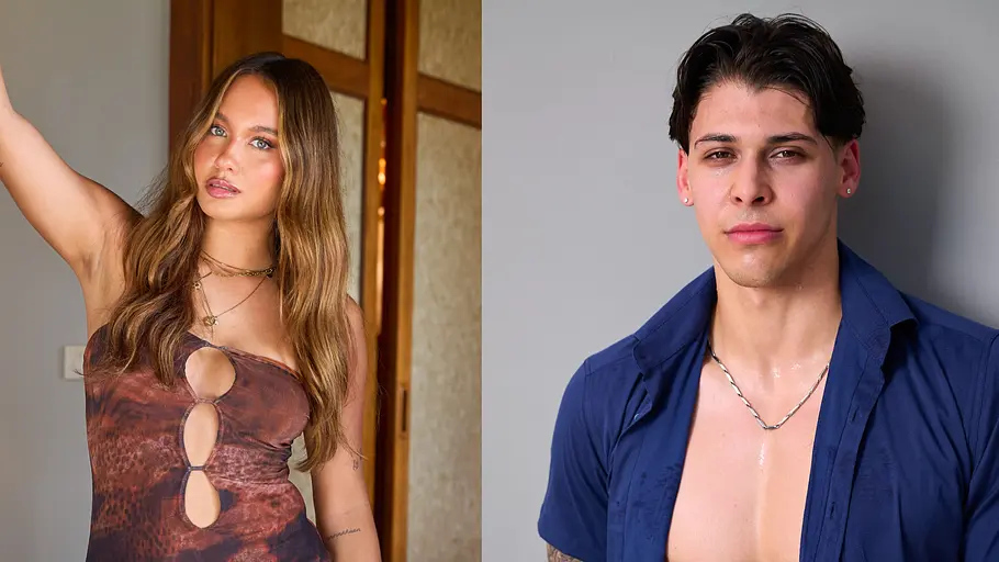 Zwei Kandidaten von „Are You The One?“ Staffel 7 im Porträt: eine Frau im braunen Cut-out-Kleid in einer Türöffnung und ein Mann mit offenem dunkelblauem Hemd vor grauem Hintergrund.