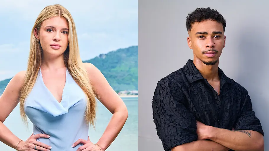 Zwei Kandidaten von „Are You The One?“ Staffel 7 im Porträt: eine Frau im hellblauen Kleid am Strand und ein Mann in schwarzem Hemd vor neutralem Hintergrund.