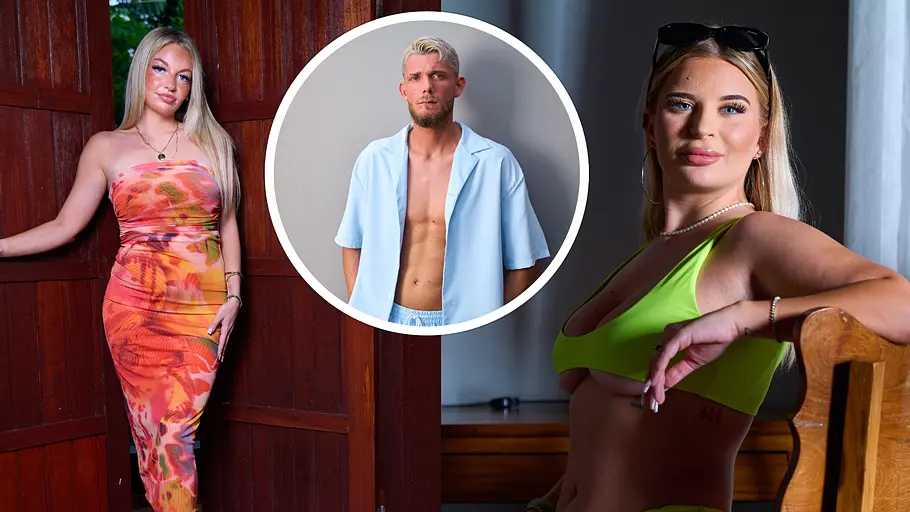 Collage mit drei Porträts aus „Are You The One?“ Staffel 7: eine Frau im orangefarbenen Kleid vor einer Holztür, ein Mann im offenen hellblauen Hemd (Kreisbild) und eine Frau im grünen Bikini auf einem Stuhl sitzend.