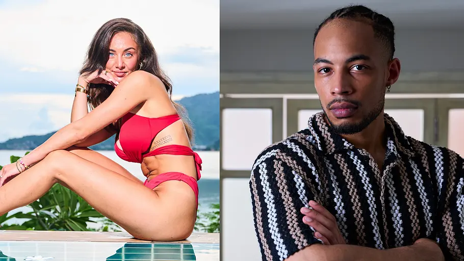 Zwei Kandidaten von „Are You The One?“ Staffel 7 im Porträt: eine Frau im roten Bikini am Pool mit Meerblick und ein Mann im gestreiften Kurzarmhemd vor neutralem Hintergrund.