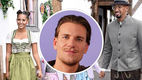 Collage: Jerome Boateng mit seiner Schwester Avelina und seinen Zwillingen Lamia und Soley (verdeckt) beim FC Bayern Wiesntreff in Käfers Wiesn-Schänke auf dem Oktoberfest 2018. In der Mitte als Kreis: Bachelor Felix Stein - Foto:  IMAGO / Future Image und RTL / Lena-Luise Grellert