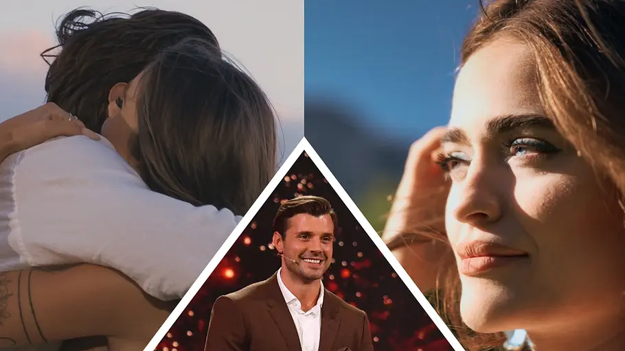 Bachelor Tim mit Gewinnerin gesehen Collage: Bachelor Tim umarmt Finalistin Miri, rechts schaut Vivi zu den beiden herüber, in der Mitte Tim in einem Dreieck.