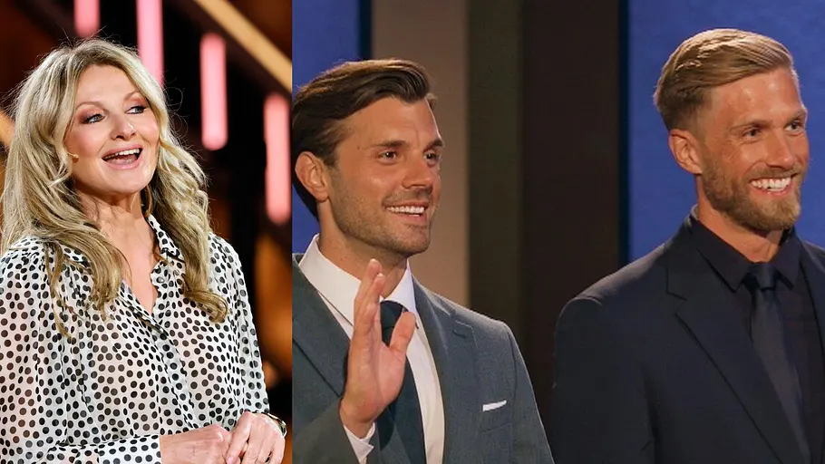Die Bachelors 2026: Das große Wiedersehen Collage zeigt links Frauke Ludowig mit offenem Mund rechts die Bachelors Tim und Sebastian winkend.