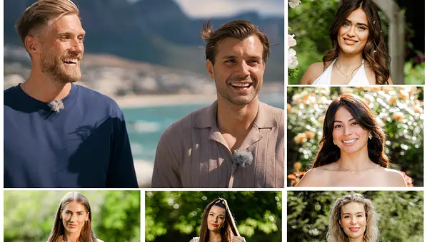 Collage: „Die Bachelors“ 2026: Sebastian Paul und Tim Reitz lachen vor Strandkulisse in die Kamera, um sie herum ihre Kandidatinnen.  - Foto: RTL