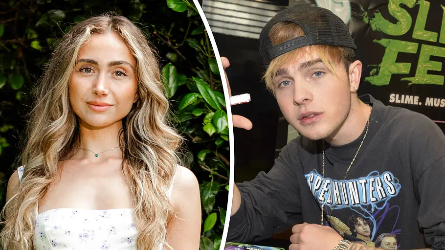 Ist Nadja mit Mike Singer zusammen? Collage zeigt Nadja auf ihrem Vorstellungsfoto für Die Bachelors 2026 im Blumenkleid, rechts Mike Singer mit Kappe.