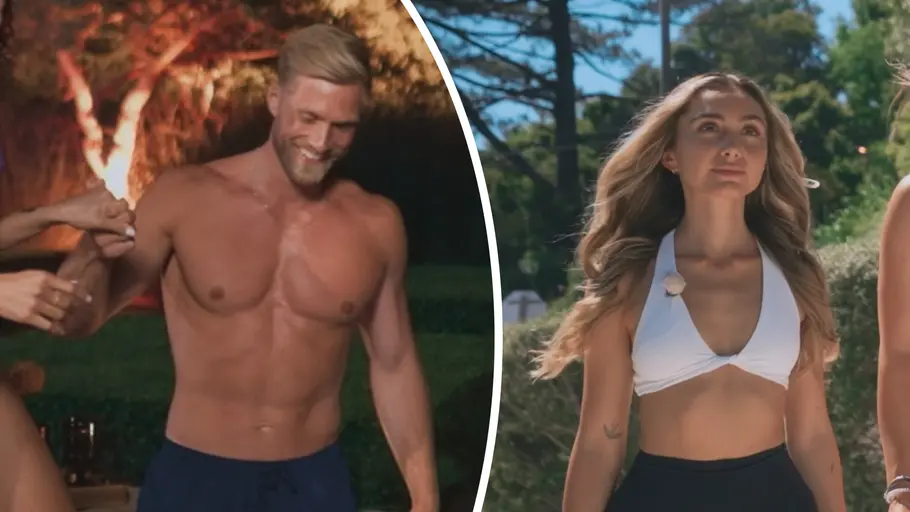 Nadja vergeben, Bachelor Sebastian Single? Collage zeigt Sebastian Paul oberkörperfrei und nadja im Top und schwarzer Leggins.