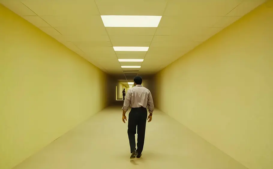 Backrooms Chiwetel Ejiofor in einer Szene des Kinofilms Backrooms in einem gelben Flur