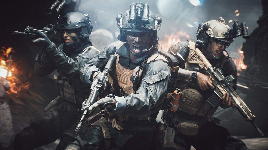 Dagger 13, der Battlefield 6 Squad, steht herorisch zusammen mit Waffen im Anschlag