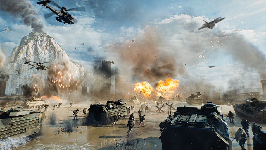 Schlachtfeld in Gibraltar bei Battlefield 6 mit Explosionen, Panzern und Hubschraubern!