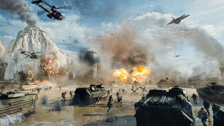 Schlachtfeld in Gibraltar bei Battlefield 6 mit Explosionen, Panzern und Hubschraubern!