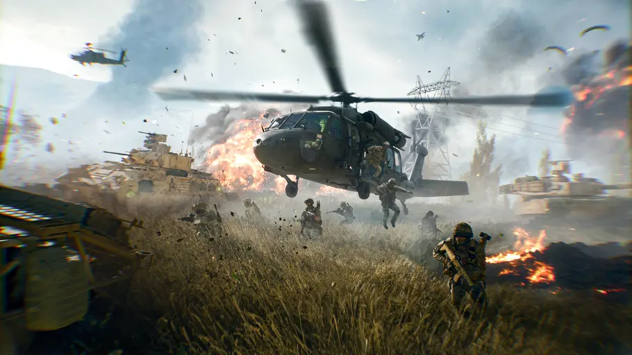 Battlefield 6 Schlachtfeld Ein Hubschrauber landet auf dem Schlachtfeld. Im Hintergrund sind viele Explosionen und Panzer zu sehen!