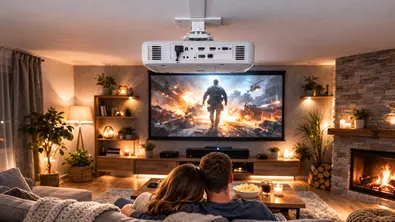 Ein gemütliches Wohnzimmer. An der Decke ist Beamer montiert. - Foto: tvmovie/chatgpt