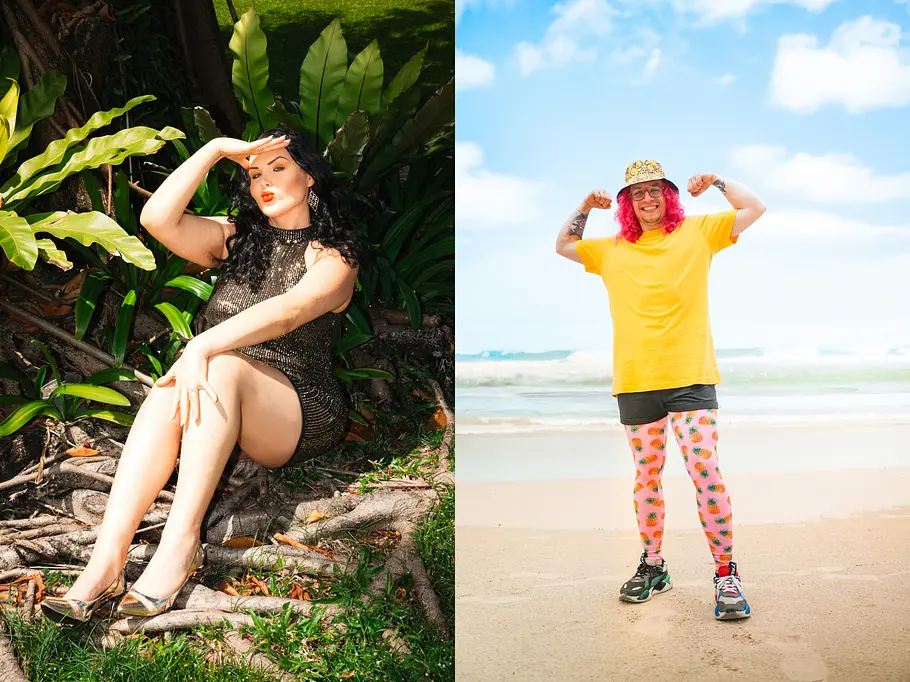 Survival-Nerd Sebastian & Reality-Newcomerin Jessica Zemer Links sitzt Jessica in glitzerndem Kleid vor großen tropischen Blättern, rechts posiert Ben in gelbem Shirt und gemusterten Leggings am Strand und zeigt seine Arme.