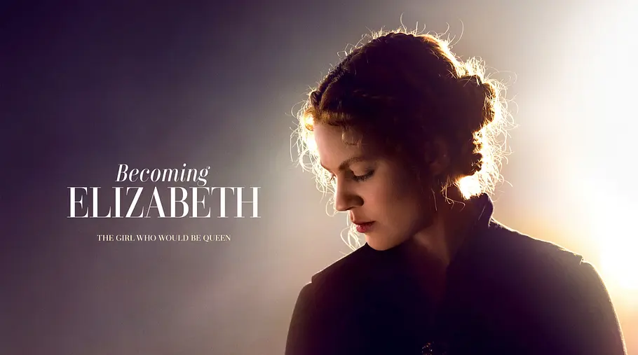 Eine Frau mit hochgesteckten Haaren und dunklem historischem Kleid blickt nach unten. Links steht „Becoming Elizabeth“.